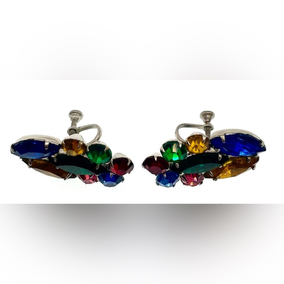 Vintage Fruit Salad Multi Colored Prong Set Faceted Crystal Screw Back Earrings - Picture 6 of 9